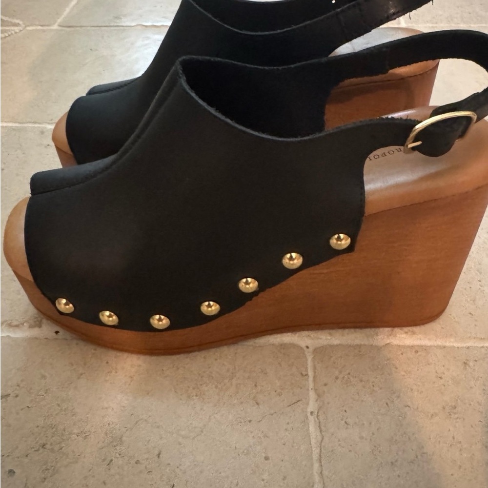 Anthropologie Black Wedges with Gold Studs